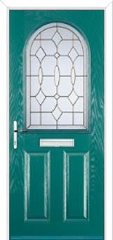 2 Panel 1 Arch Brass Art Clarity Composite Front Door in Turquoise Blue