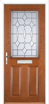 2 Panel 1 Square Brass Art Clarity Composite Front Door in Oak