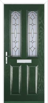 2 Panel 2 Arch Zinc/Brass Art Clarity Composite Front Door in Green