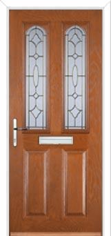 2 Panel 2 Arch Zinc/Brass Art Clarity Composite Front Door in Oak