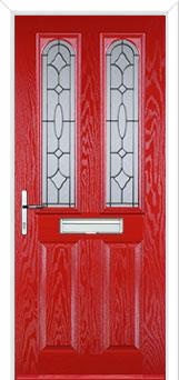 2 Panel 2 Arch Zinc/Brass Art Clarity Composite Front Door in Poppy Red