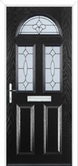 2 Panel 2 Square 1 Arch Zinc/Brass Art Clarity Composite Front Door in Black