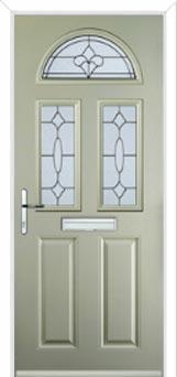 2 Panel 2 Square 1 Arch Zinc/Brass Art Clarity Composite Front Door in Pebble Grey
