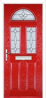 2 Panel 2 Square 1 Arch Zinc/Brass Art Clarity Composite Front Door in Poppy Red