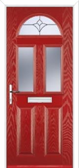 2 Panel 2 Square 1 Arch Crystal Tulip Composite Front Door in Red