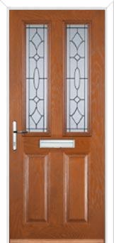 2 Panel 2 Square Zinc/Brass Art Clarity Composite Front Door in Oak