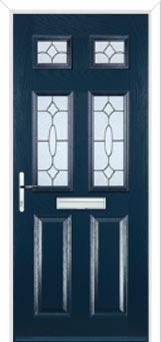 2 Panel 4 Square Zinc/Brass Art Clarity Composite Front Door in Dark Blue