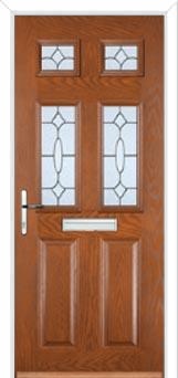 2 Panel 4 Square Zinc/Brass Art Clarity Composite Front Door in Oak