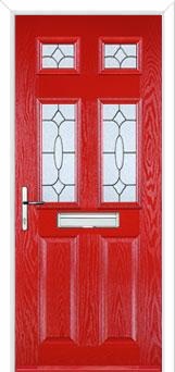 2 Panel 4 Square Zinc/Brass Art Clarity Composite Front Door in Poppy Red