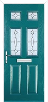 2 Panel 4 Square Zinc/Brass Art Clarity Composite Front Door in Turquoise Blue