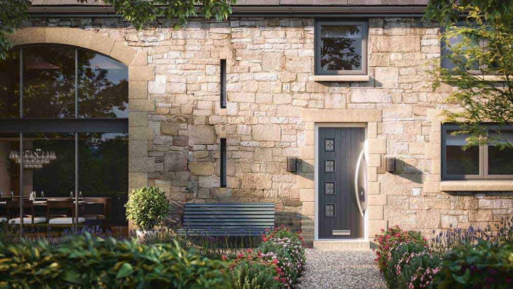 anthracite grey modern composite front door with a long bow handle
