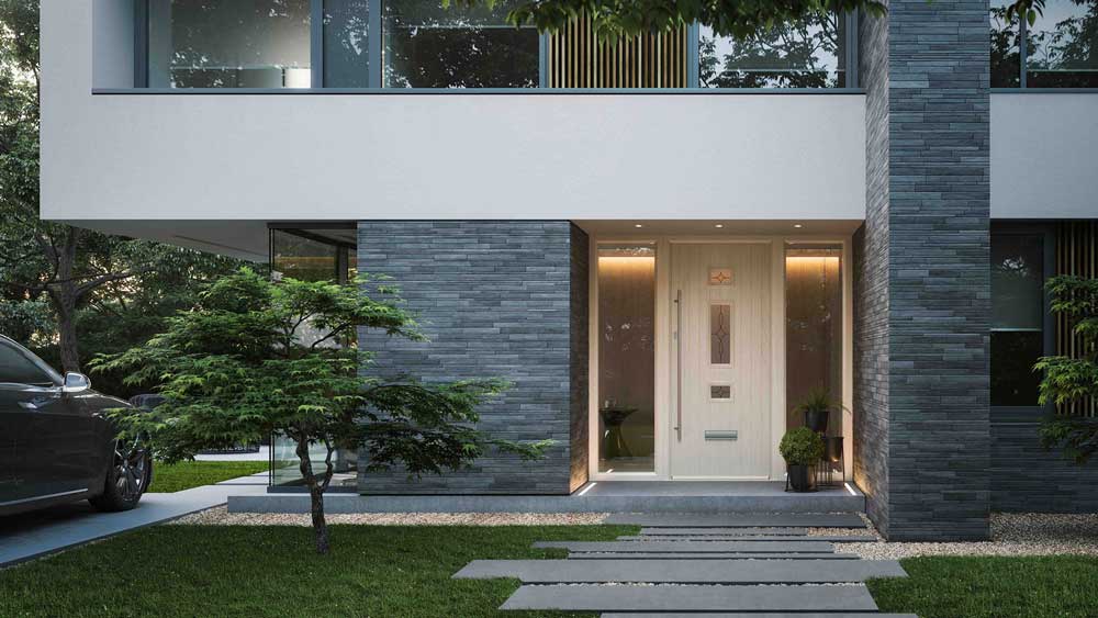 white composite front door with two full glass side panels