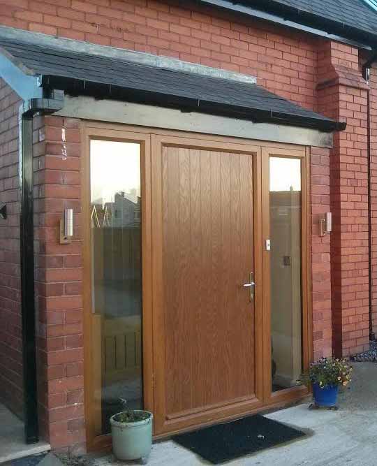 oak composite front door with side panels
