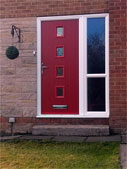 red composite door with side panel and mid rail